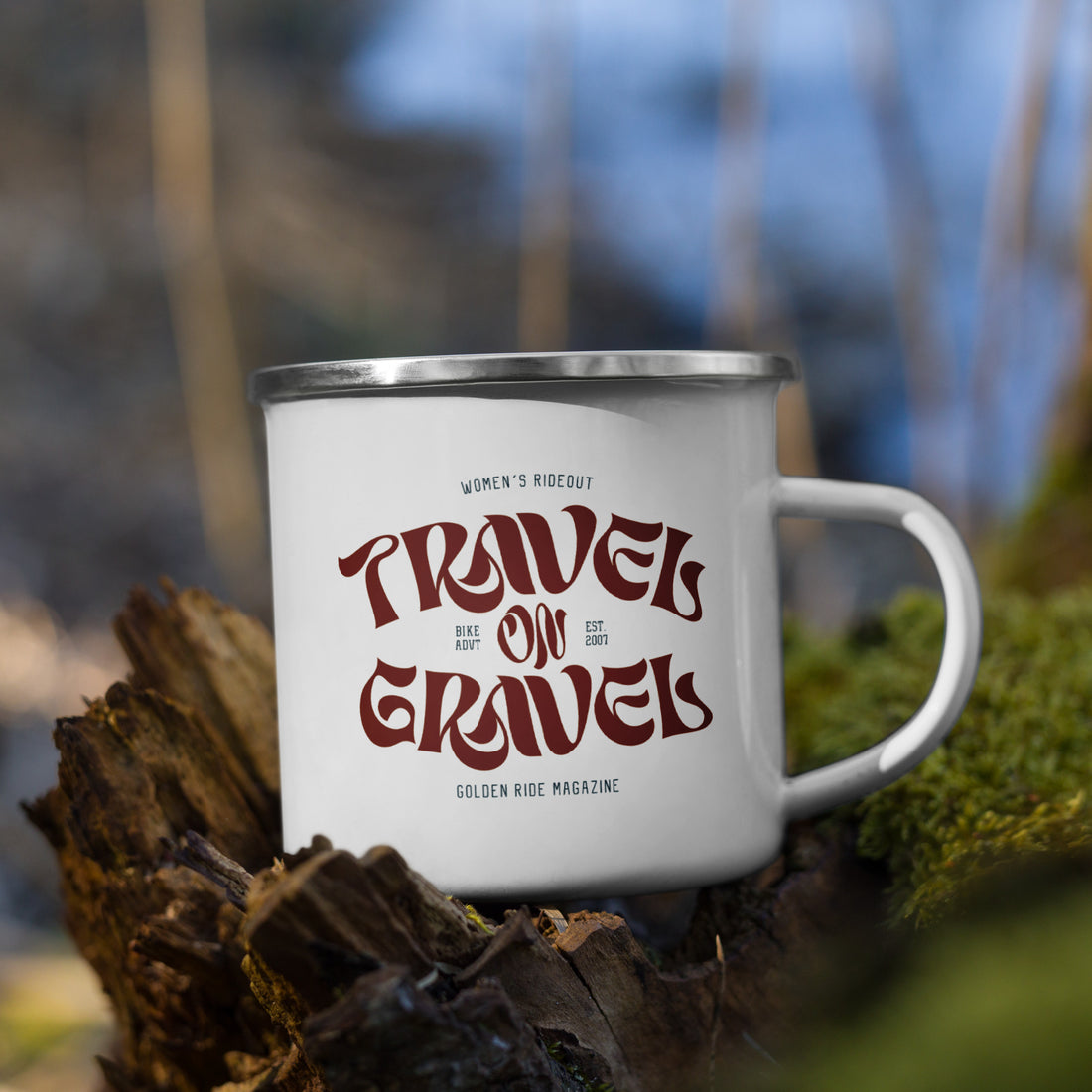Enamel cup - "Travel on Gravel"